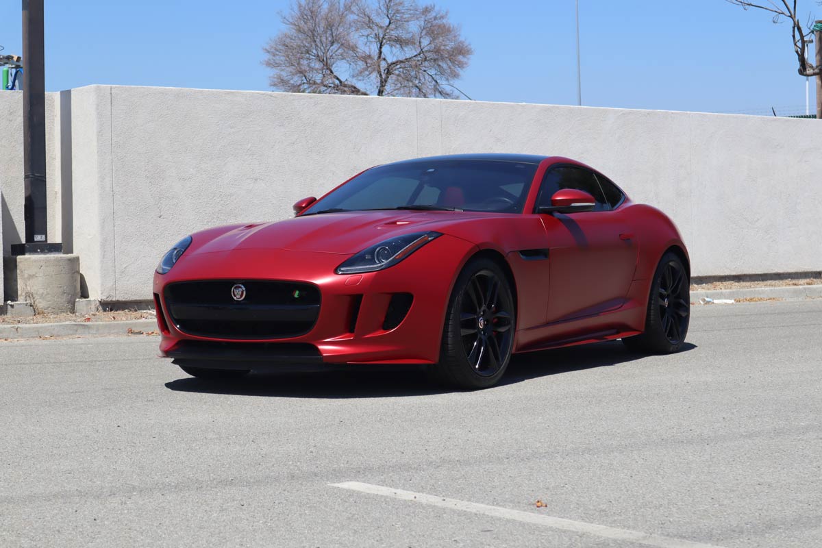 Jaguar F-Type Satin Vampire Red Color Change Vinyl Wrap from 3M, Gloss Black Powder Coated Rims, Window Tint, and Ceramic Coating