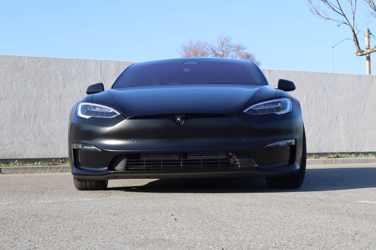 Tesla S full vehicle vinyl wrap color change to Satin Black